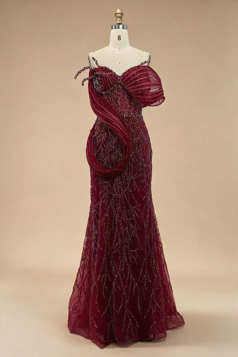 Wine Red Mermaid One Shoulder Beaded Cut Out Evening Dresses Classic Party Gowns for Women DLA72455 Customized | Nightbubo