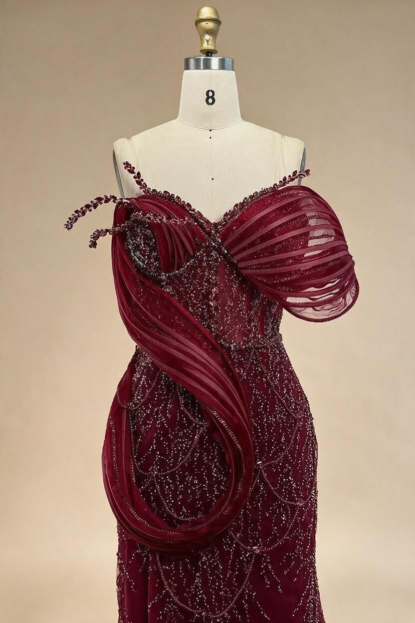 Wine Red Mermaid One Shoulder Beaded Cut Out Evening Dresses Classic Party Gowns for Women DLA72455 Customized | Nightbubo