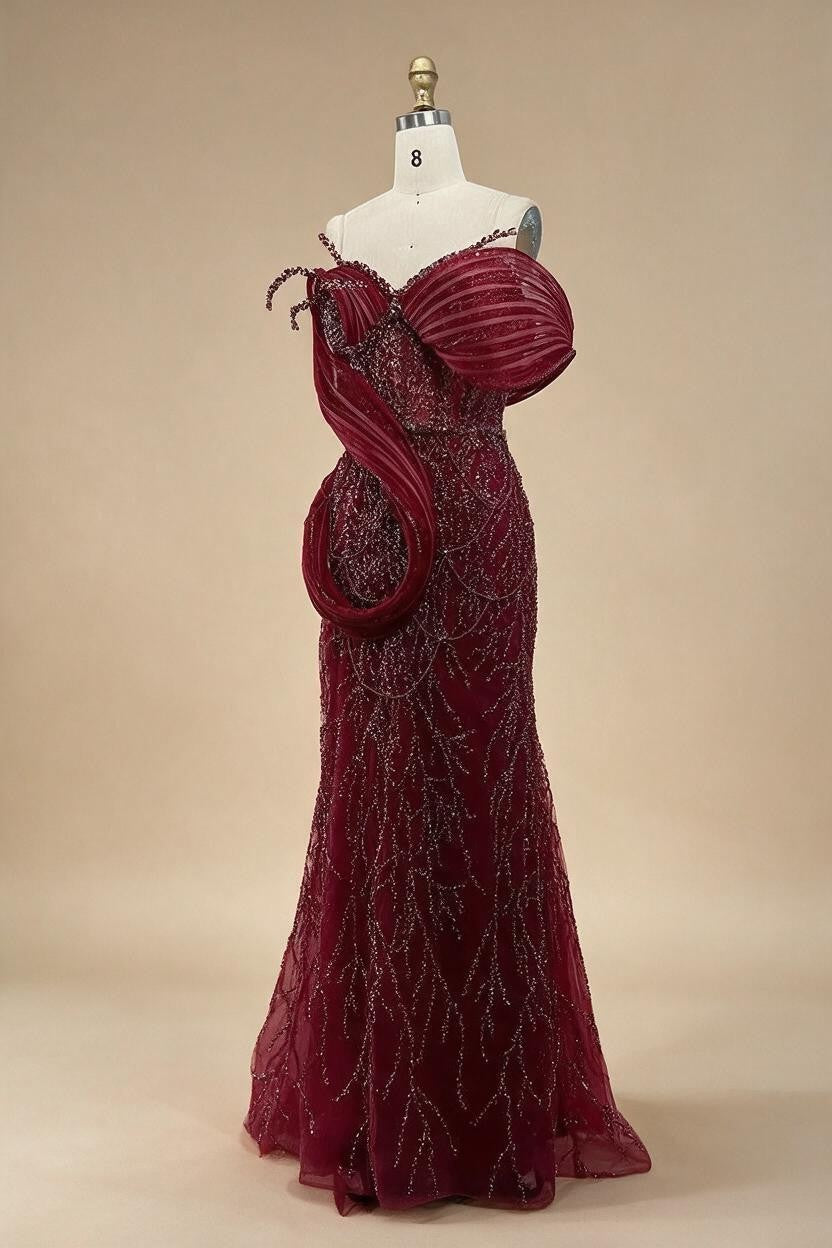 Wine Red Mermaid One Shoulder Beaded Cut Out Evening Dresses Classic Party Gowns for Women DLA72455 Customized | Nightbubo