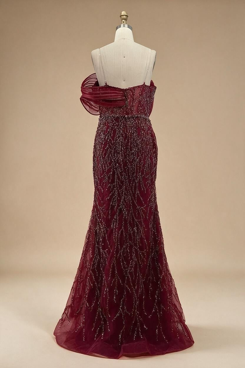 Wine Red Mermaid One Shoulder Beaded Cut Out Evening Dresses Classic Party Gowns for Women DLA72455 Customized | Nightbubo