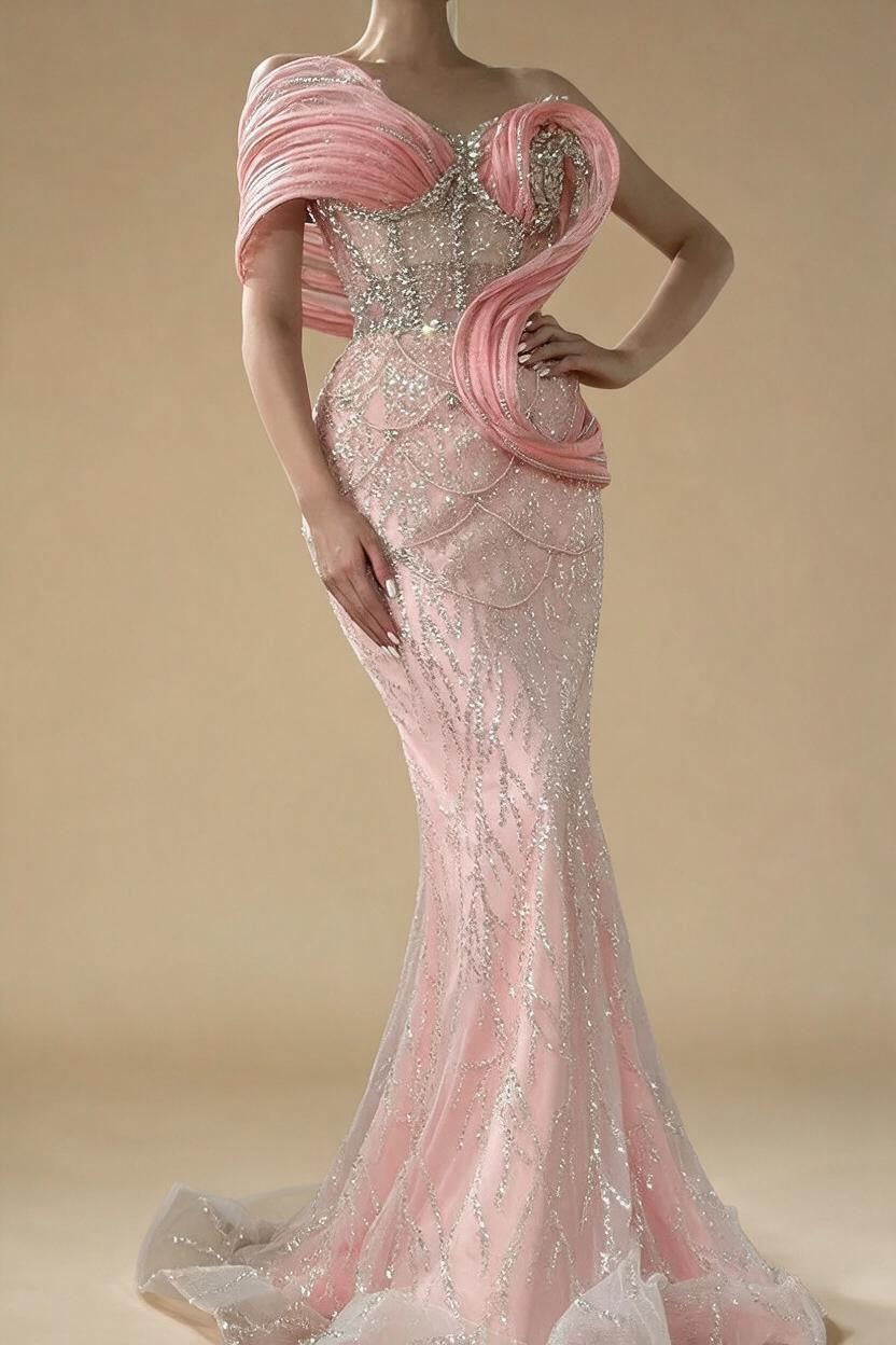 Wine Red Mermaid One Shoulder Beaded Cut Out Evening Dresses Classic Party Gowns for Women DLA72455 Customized | Nightbubo