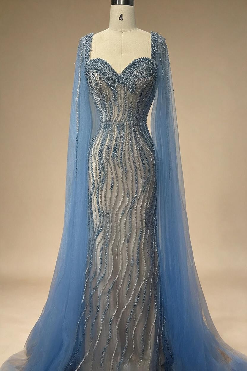 Blue Mermaid Beaded Evening Dresses with Cape Sleeves Wedding Party Gowns for Women DLA71715 Customized | Nightbubo