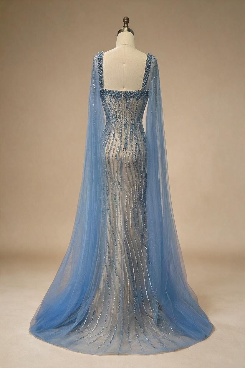 Blue Mermaid Beaded Evening Dresses with Cape Sleeves Wedding Party Gowns for Women DLA71715 Customized | Nightbubo