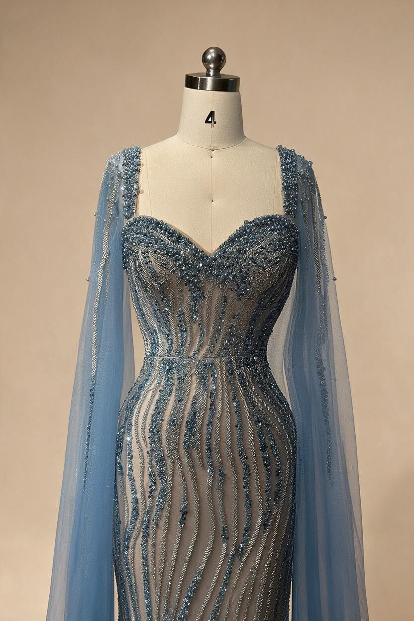 Blue Mermaid Beaded Evening Dresses with Cape Sleeves Wedding Party Gowns for Women DLA71715 Customized | Nightbubo