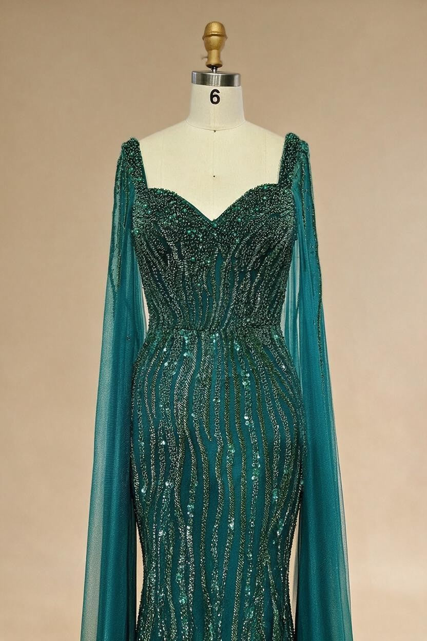 Blue Mermaid Beaded Evening Dresses with Cape Sleeves Wedding Party Gowns for Women DLA71715 Customized | Nightbubo
