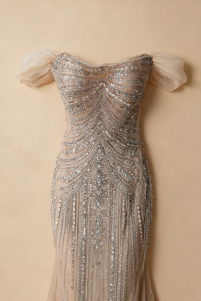 2026 Nude Off Shoulder Mermaid Beaded Evening Gowns Wedding Party Dresses for Women DLA73214 Customized | Nightbubo