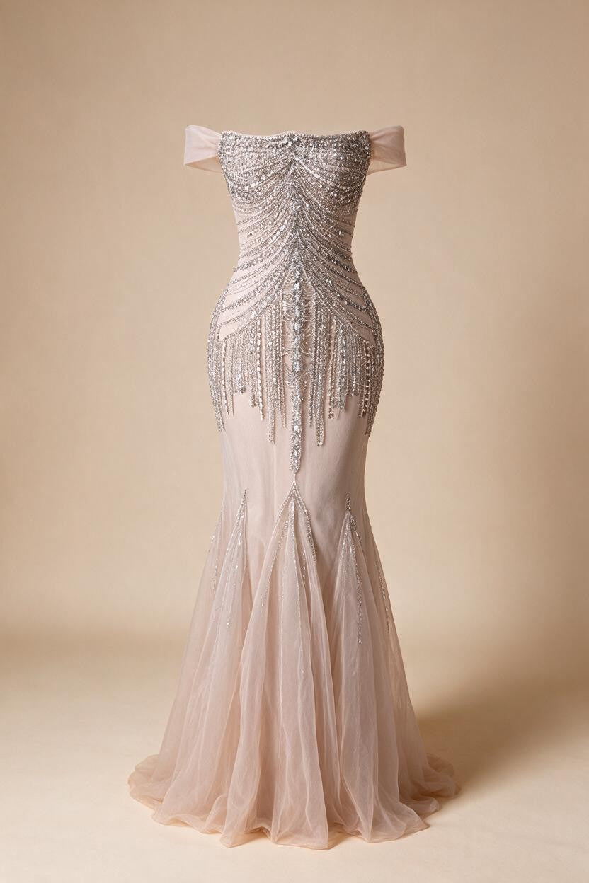 2026 Nude Off Shoulder Mermaid Beaded Evening Gowns Wedding Party Dresses for Women DLA73214 Customized | Nightbubo