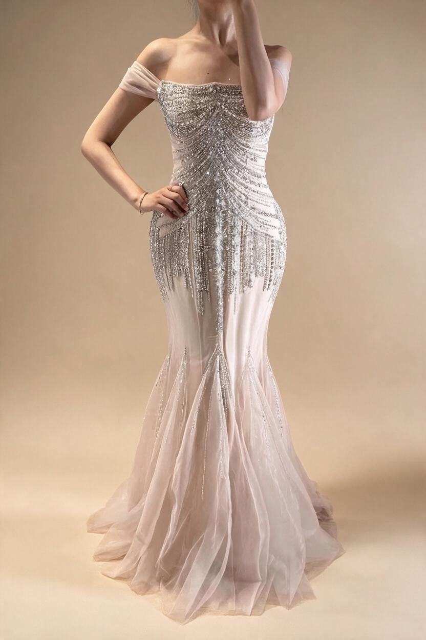 2026 Nude Off Shoulder Mermaid Beaded Evening Gowns Wedding Party Dresses for Women DLA73214 Customized | Nightbubo