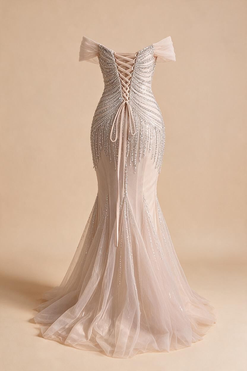 2026 Nude Off Shoulder Mermaid Beaded Evening Gowns Wedding Party Dresses for Women DLA73214 Customized | Nightbubo