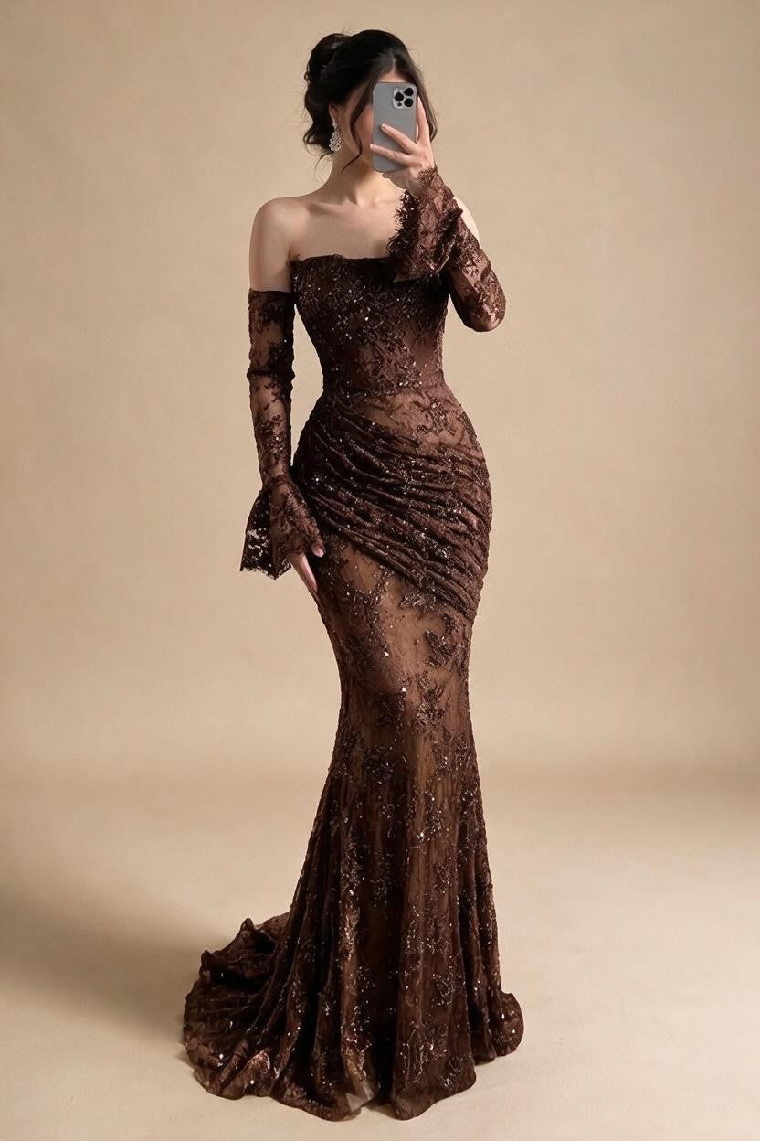 Brown Lace Evening Gown Elegant Mermaid Ruched Slim Fit Party Dress for Women DLA73484 Customized | Nightbubo