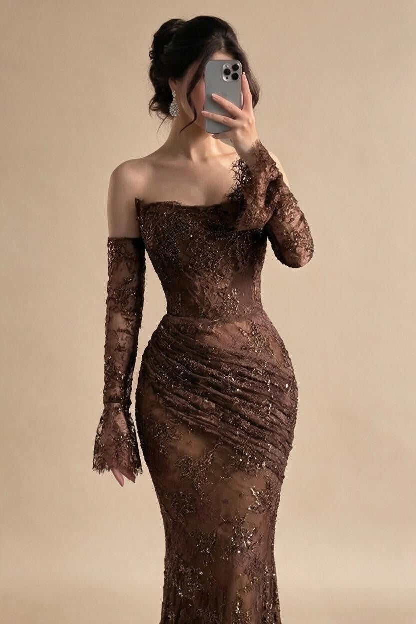 Brown Lace Evening Gown Elegant Mermaid Ruched Slim Fit Party Dress for Women DLA73484 Customized | Nightbubo