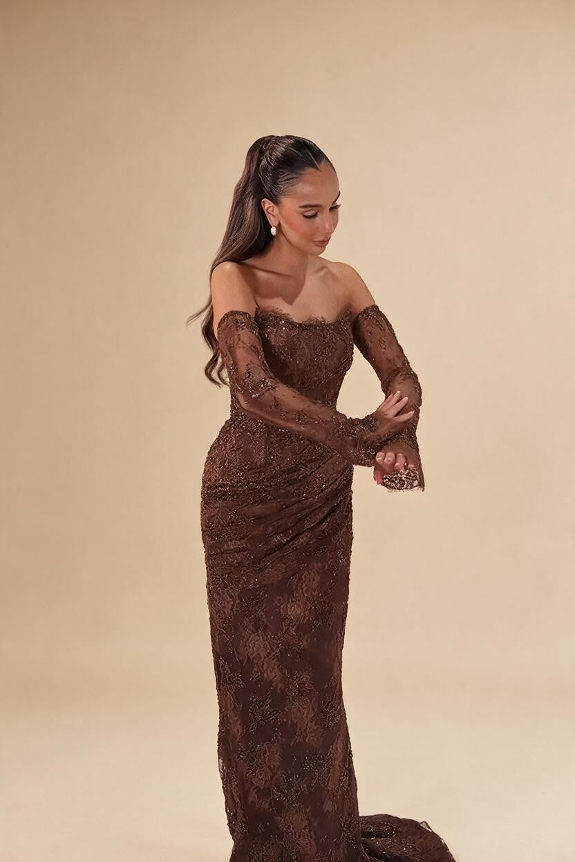 Brown Lace Evening Gown Elegant Mermaid Ruched Slim Fit Party Dress for Women DLA73484 Customized | Nightbubo