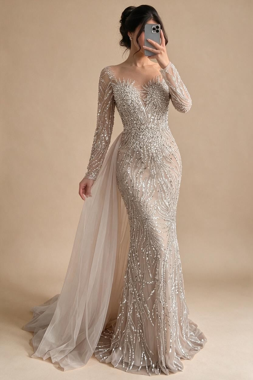 White Nude Long Sleeves Mermaid Pearls Beaded Evening Dress with Train Wedding Party Gowns DLA72634A Customized | Nightbubo