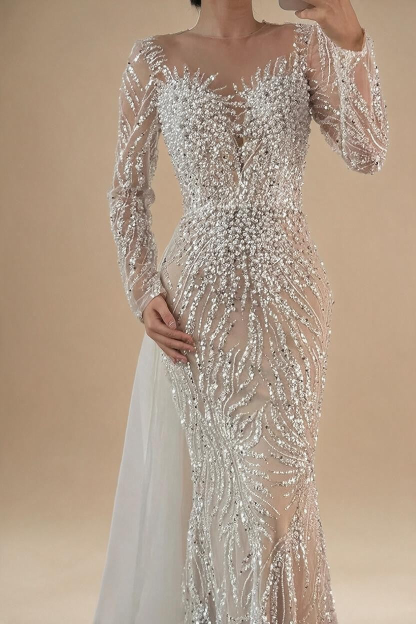White Nude Long Sleeves Mermaid Pearls Beaded Evening Dress with Train Wedding Party Gowns DLA72634A Customized | Nightbubo