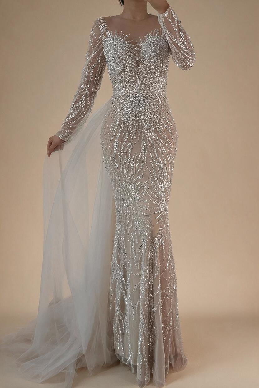 White Nude Long Sleeves Mermaid Pearls Beaded Evening Dress with Train Wedding Party Gowns DLA72634A Customized | Nightbubo