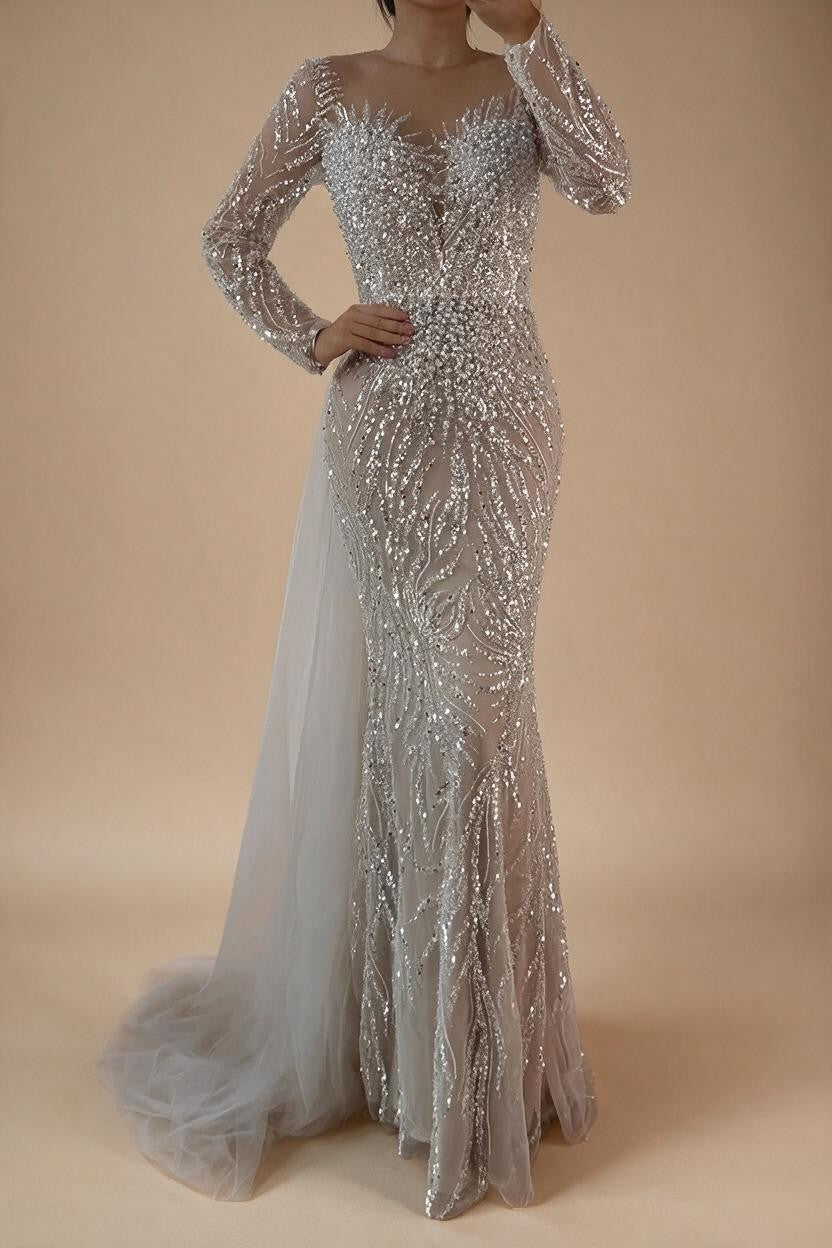 White Nude Long Sleeves Mermaid Pearls Beaded Evening Dress with Train Wedding Party Gowns DLA72634A Customized | Nightbubo