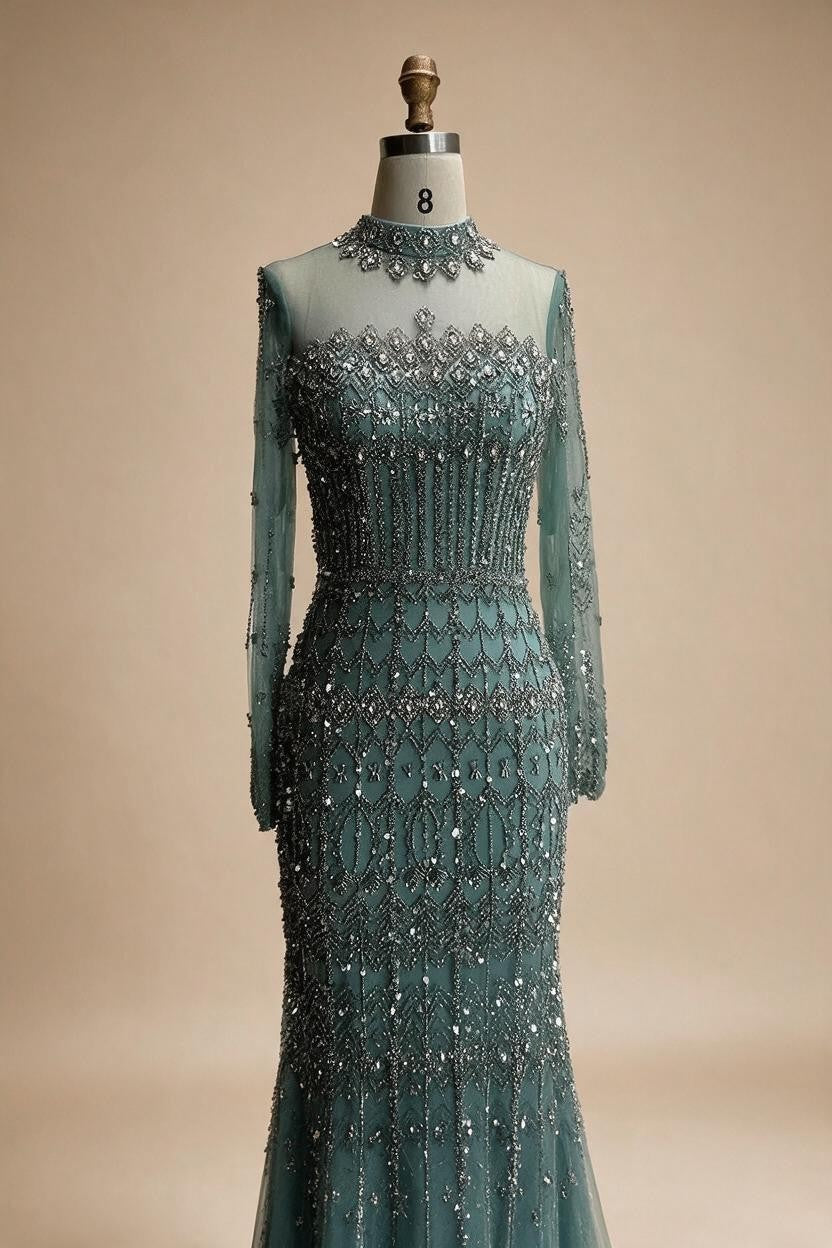High Neck Long Sleeves Beaded Mermaid Evening Dress Muslim Wedding Party Gowns for Women DLA72714C Customized | Nightbubo