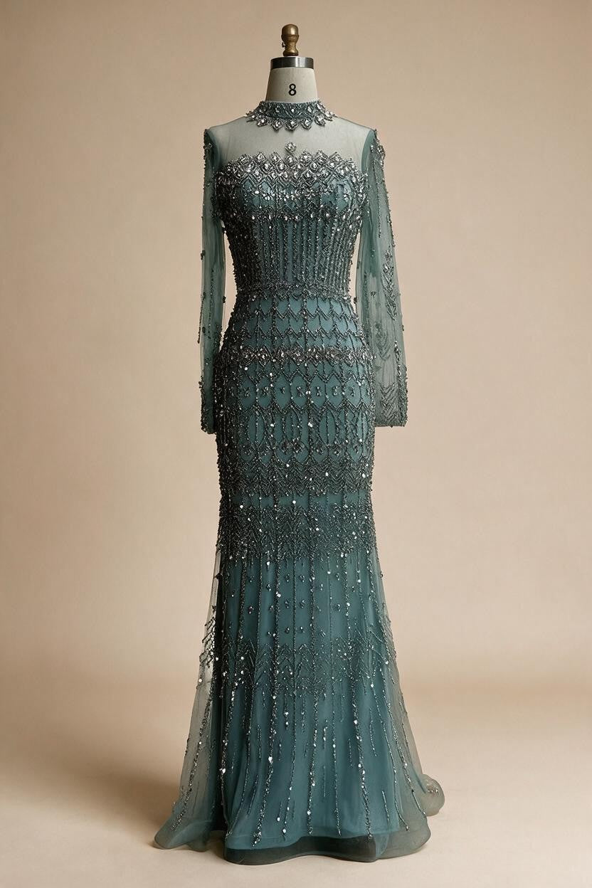 High Neck Long Sleeves Beaded Mermaid Evening Dress Muslim Wedding Party Gowns for Women DLA72714C Customized | Nightbubo