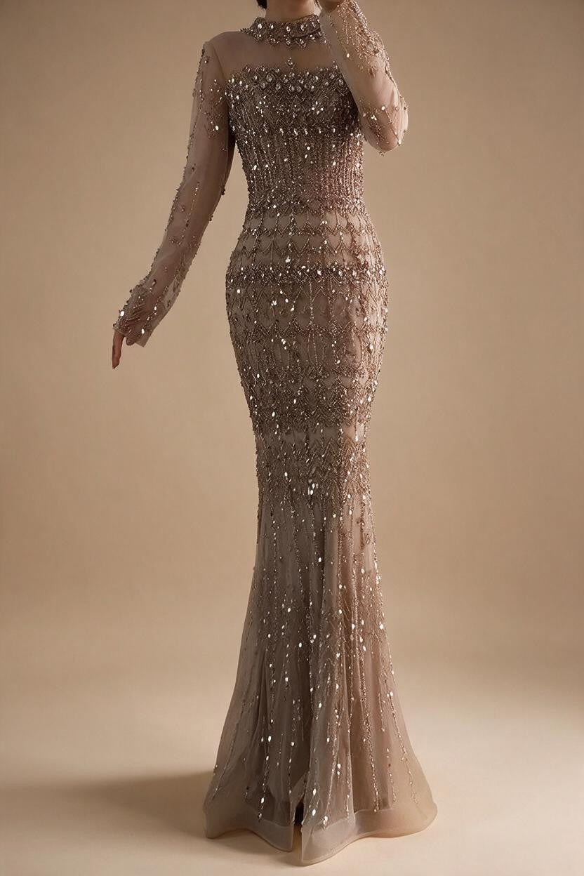 High Neck Long Sleeves Beaded Mermaid Evening Dress Muslim Wedding Party Gowns for Women DLA72714C Customized | Nightbubo