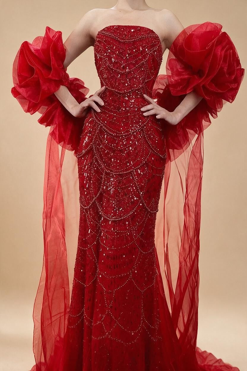 Red Strapless Mermaid Pearls Beaded Evening Dress with Cape Wedding Party Gowns for Women DLA72585 Customized | Nightbubo