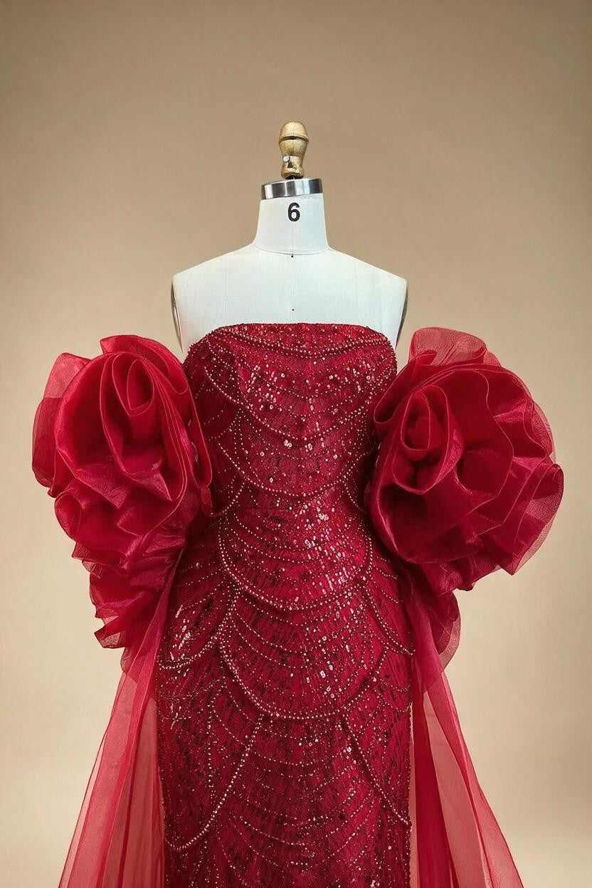 Red Strapless Mermaid Pearls Beaded Evening Dress with Cape Wedding Party Gowns for Women DLA72585 Customized | Nightbubo