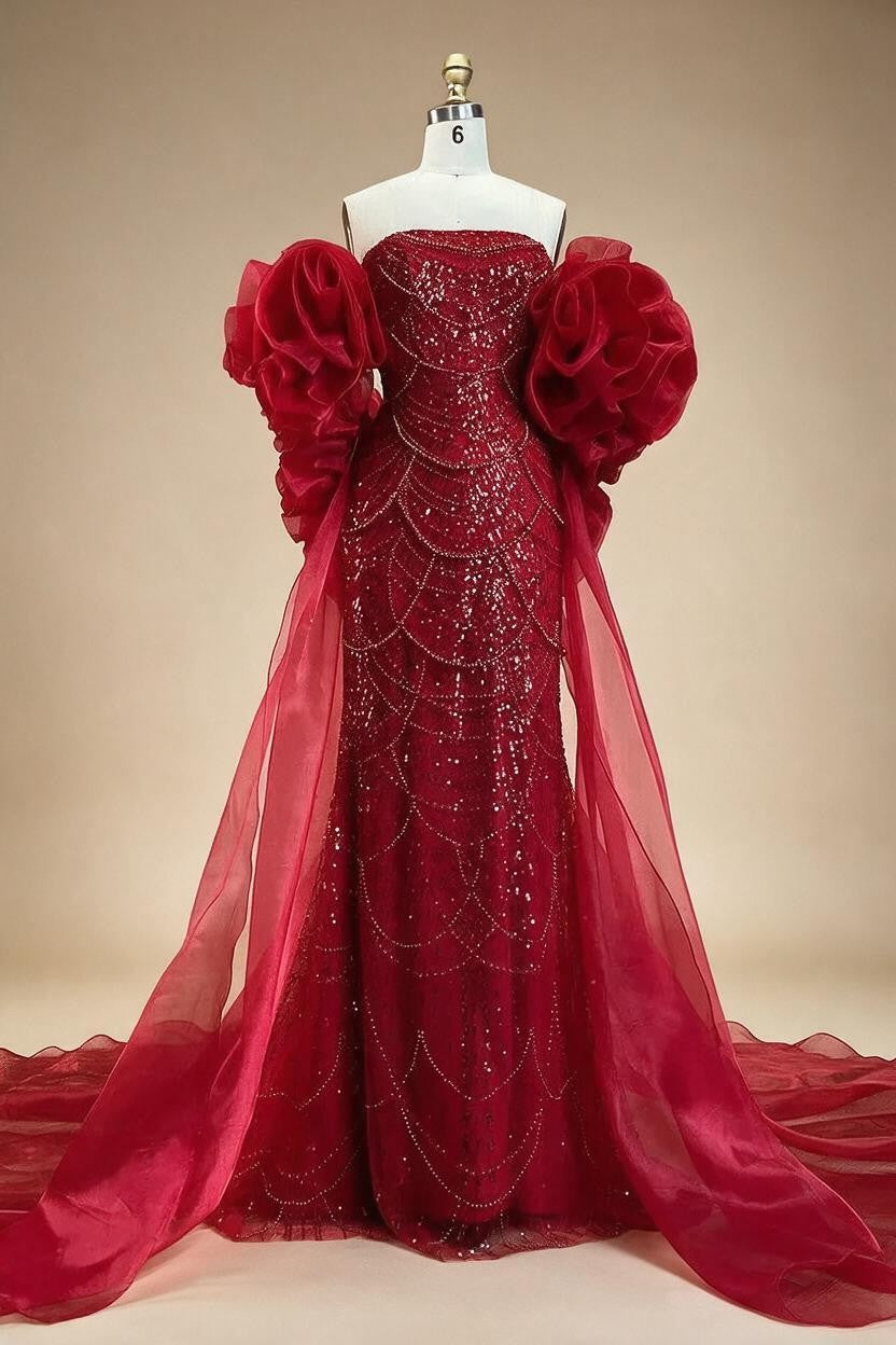 Red Strapless Mermaid Pearls Beaded Evening Dress with Cape Wedding Party Gowns for Women DLA72585 Customized | Nightbubo