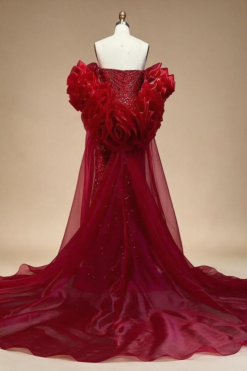 Red Strapless Mermaid Pearls Beaded Evening Dress with Cape Wedding Party Gowns for Women DLA72585 Customized | Nightbubo