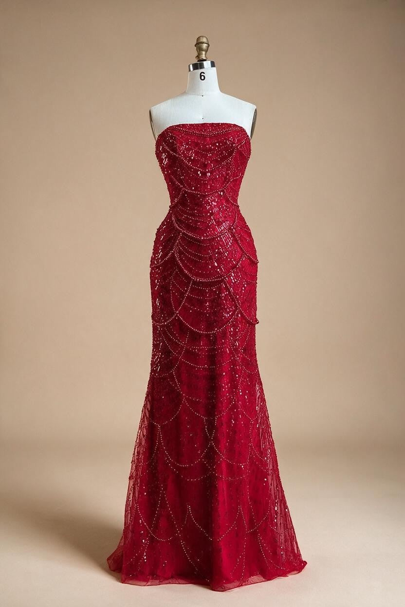 Red Strapless Mermaid Pearls Beaded Evening Dress with Cape Wedding Party Gowns for Women DLA72585 Customized | Nightbubo
