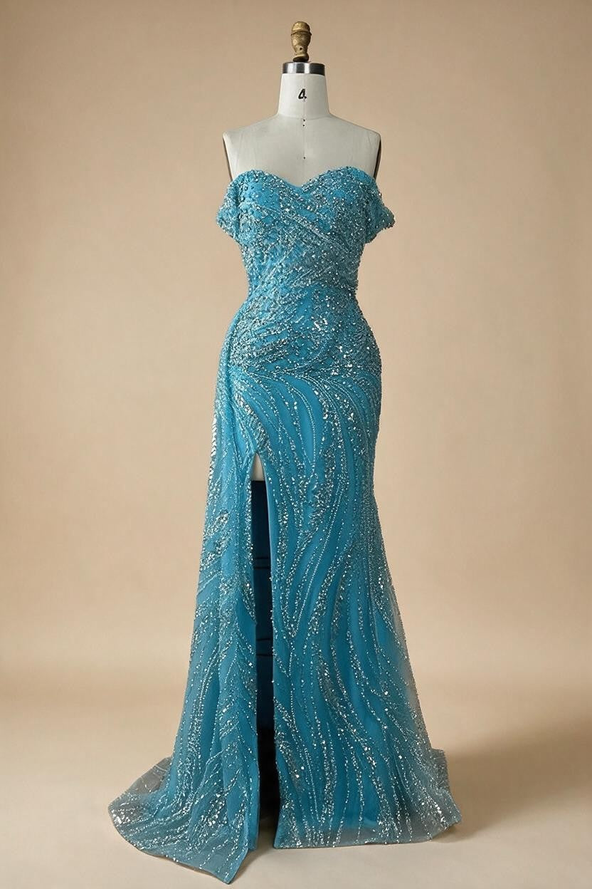 Light Blue Off Shoulder Mermaid High Split Beaded Evening Dresses Party Gowns For Women DLA72262 Customized | Nightbubo