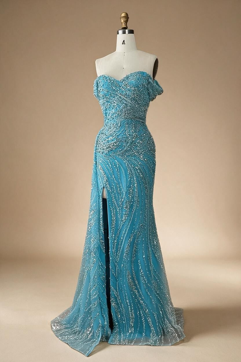 Light Blue Off Shoulder Mermaid High Split Beaded Evening Dresses Party Gowns For Women DLA72262 Customized | Nightbubo