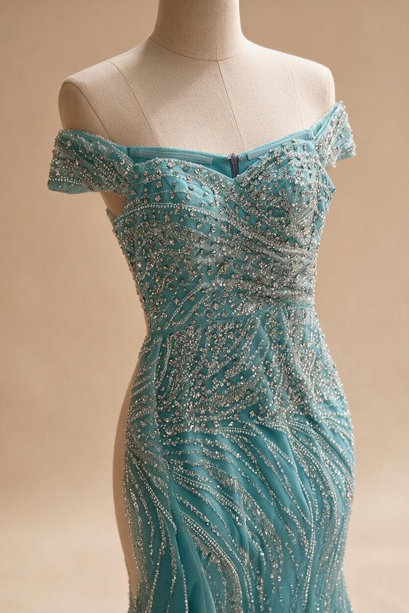 Light Blue Off Shoulder Mermaid High Split Beaded Evening Dresses Party Gowns For Women DLA72262 Customized | Nightbubo