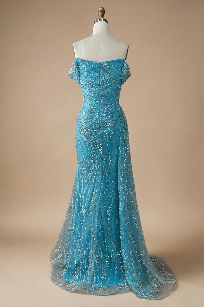 Light Blue Off Shoulder Mermaid High Split Beaded Evening Dresses Party Gowns For Women DLA72262 Customized | Nightbubo