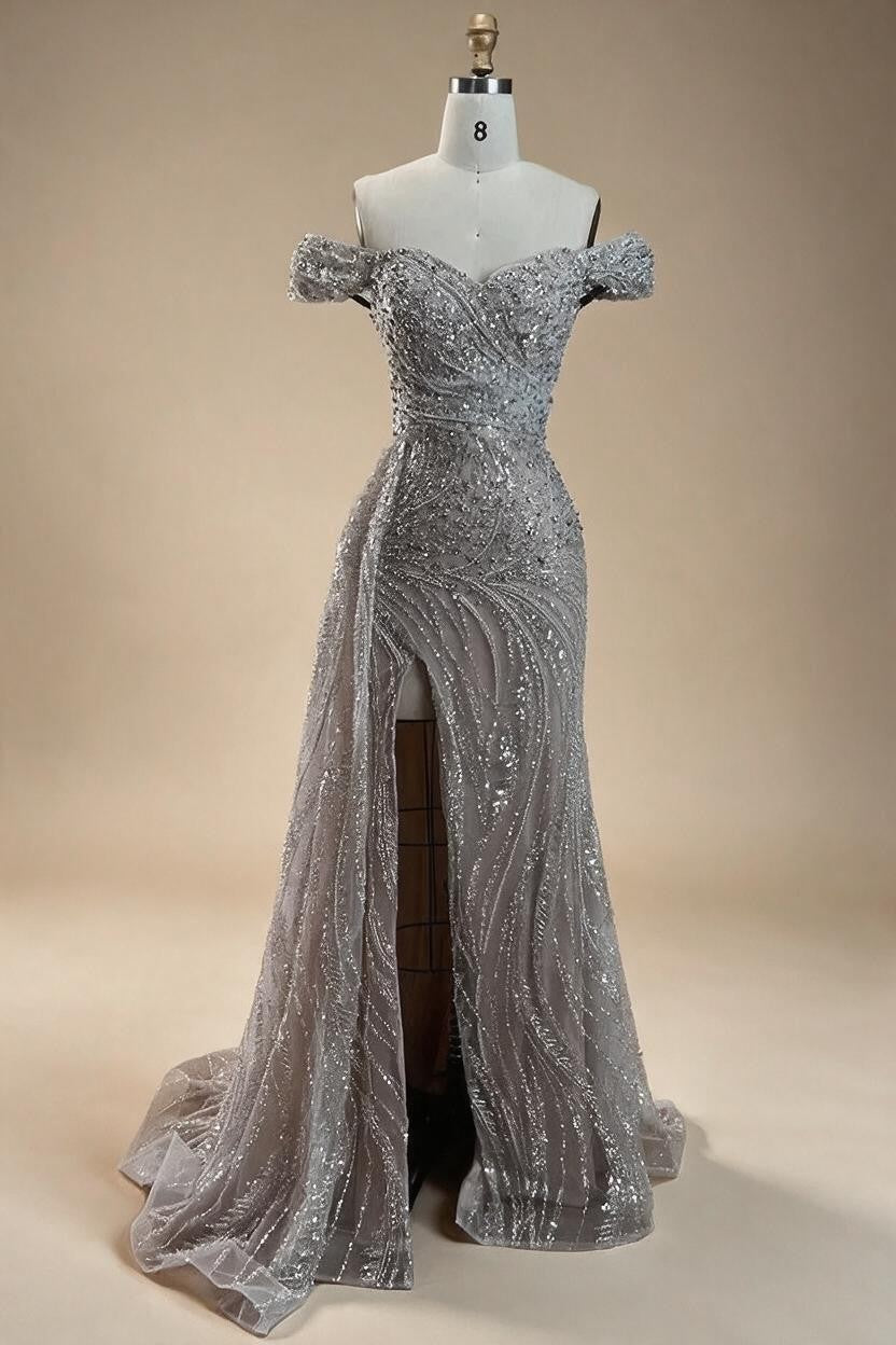 Light Blue Off Shoulder Mermaid High Split Beaded Evening Dresses Party Gowns For Women DLA72262 Customized | Nightbubo