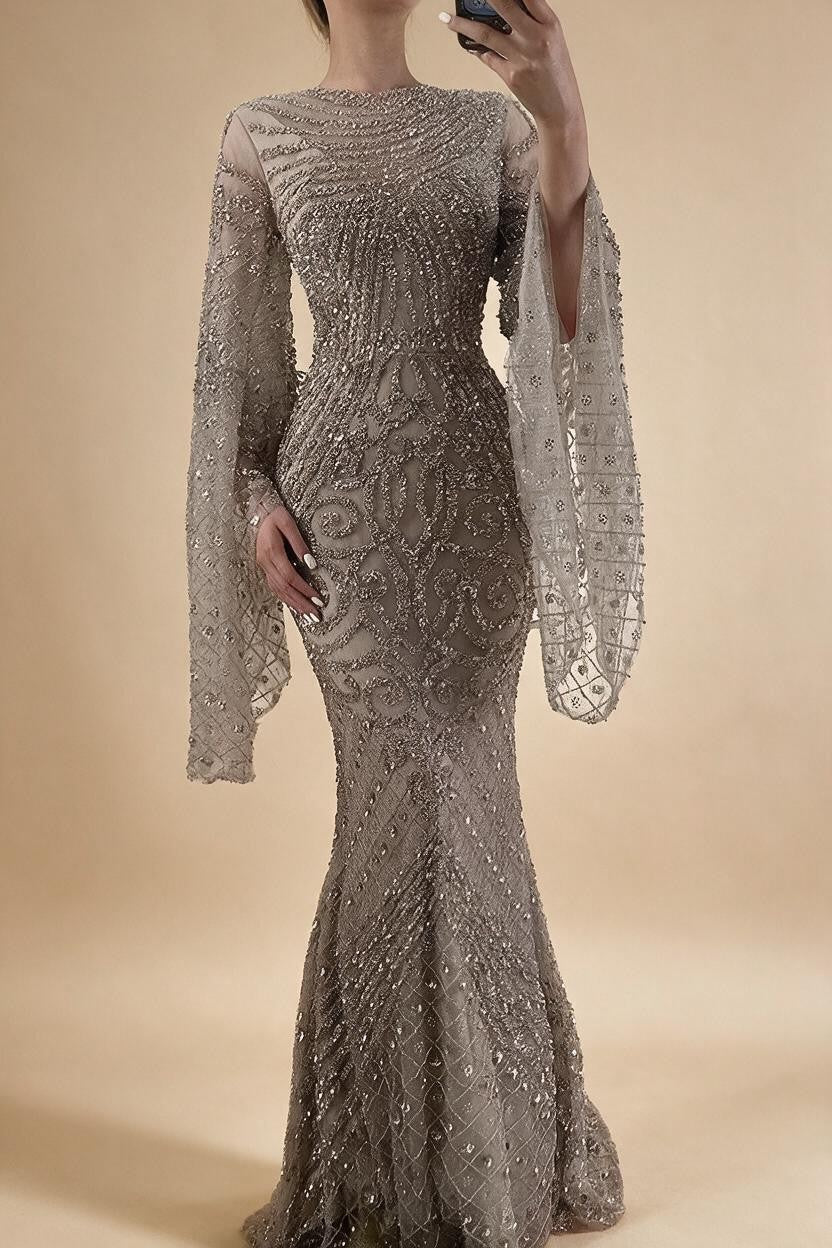 Flared Sleeves Caramel Beaded Dubai Mermaid Evening Dresses Gowns for Party DLA72771 Customized | Nightbubo