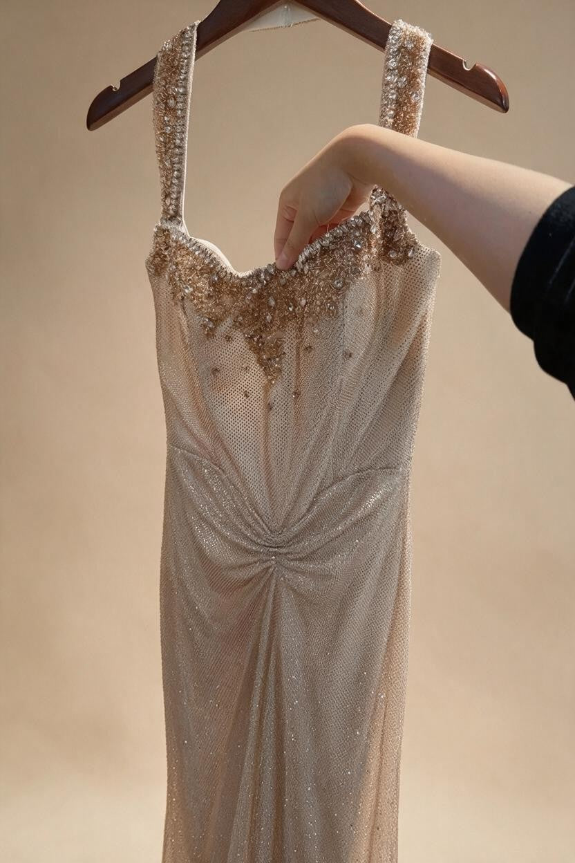 Rose Gold Mermaid Beaded Evening Dress Elegant Sparkly Wedding Party Gown with Ruched Waist DLA73410B Customized | Nightbubo