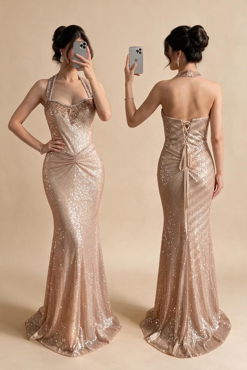 Rose Gold Mermaid Beaded Evening Dress Elegant Sparkly Wedding Party Gown with Ruched Waist DLA73410B Customized | Nightbubo