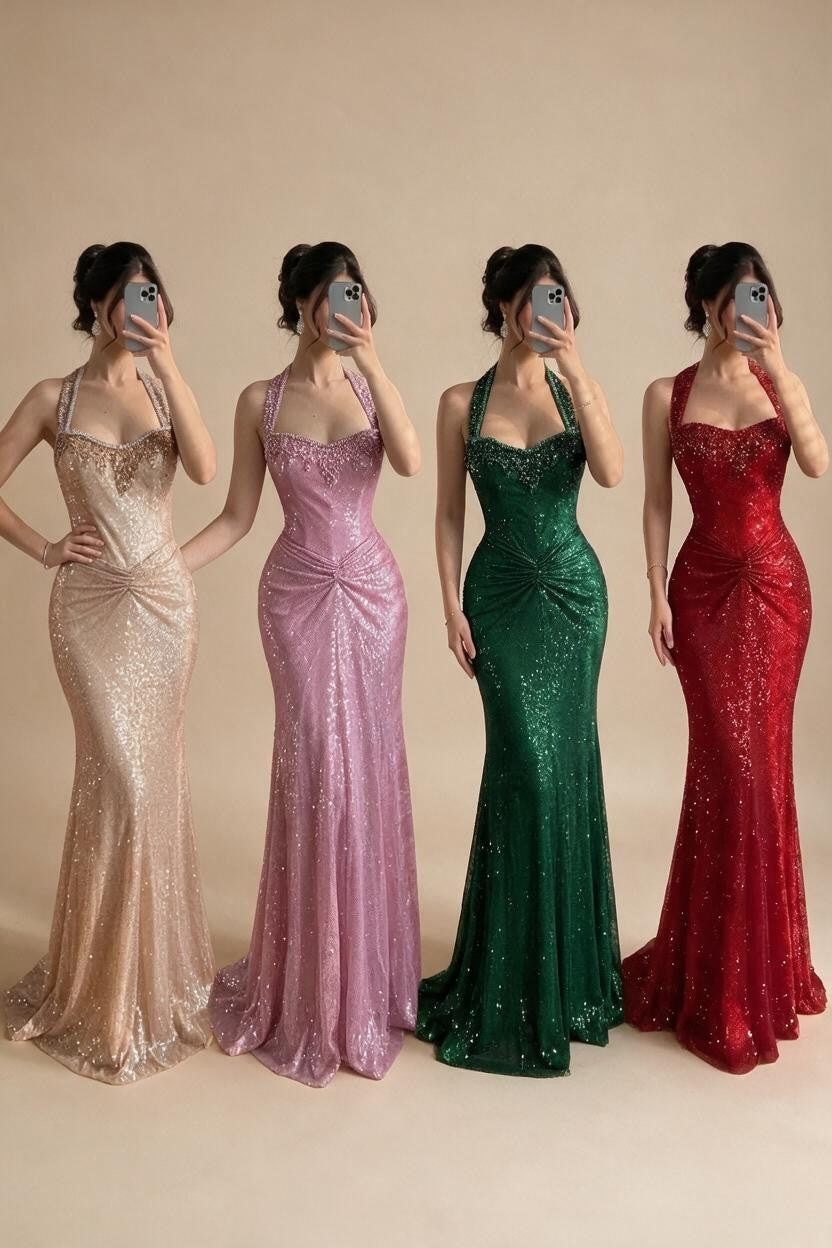 Rose Gold Mermaid Beaded Evening Dress Elegant Sparkly Wedding Party Gown with Ruched Waist DLA73410B Customized | Nightbubo