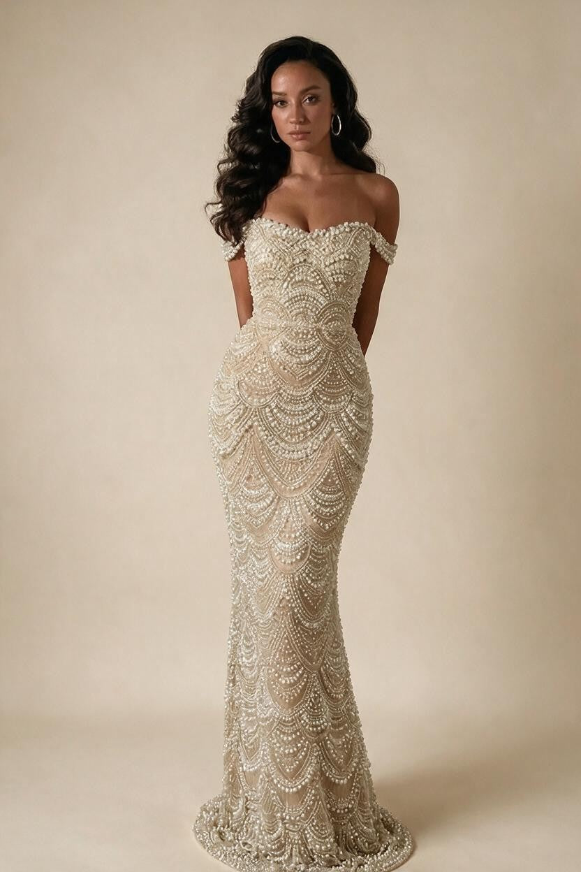 Pearl Beaded Off Shoulder Mermaid Evening Gown High-end Formal Occasion Party Dress Kosov Customized DLA73395A | Nightbubo