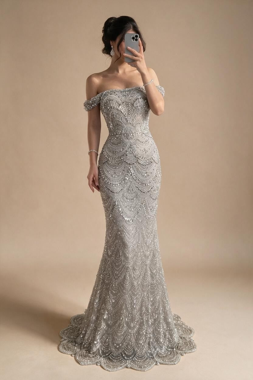 Pearl Beaded Off Shoulder Mermaid Evening Gown High-end Formal Occasion Party Dress Kosov Customized DLA73395A | Nightbubo