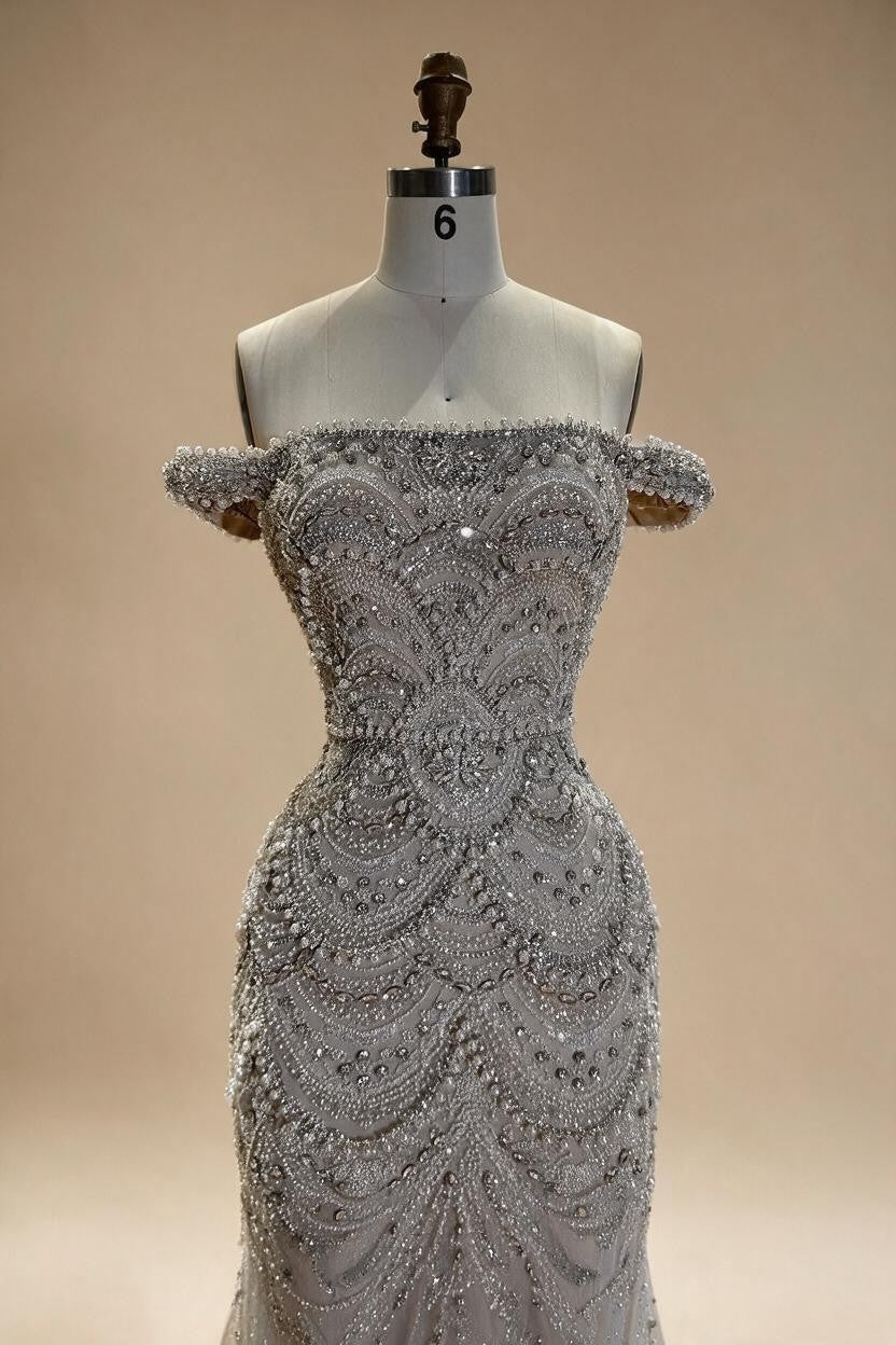 Pearl Beaded Off Shoulder Mermaid Evening Gown High-end Formal Occasion Party Dress Kosov Customized DLA73395A | Nightbubo