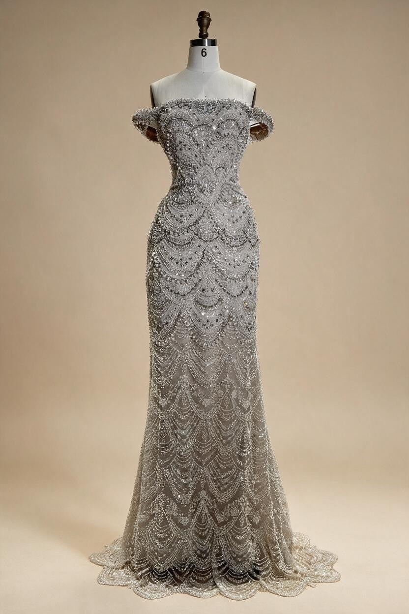 Pearl Beaded Off Shoulder Mermaid Evening Gown High-end Formal Occasion Party Dress Kosov Customized DLA73395A | Nightbubo