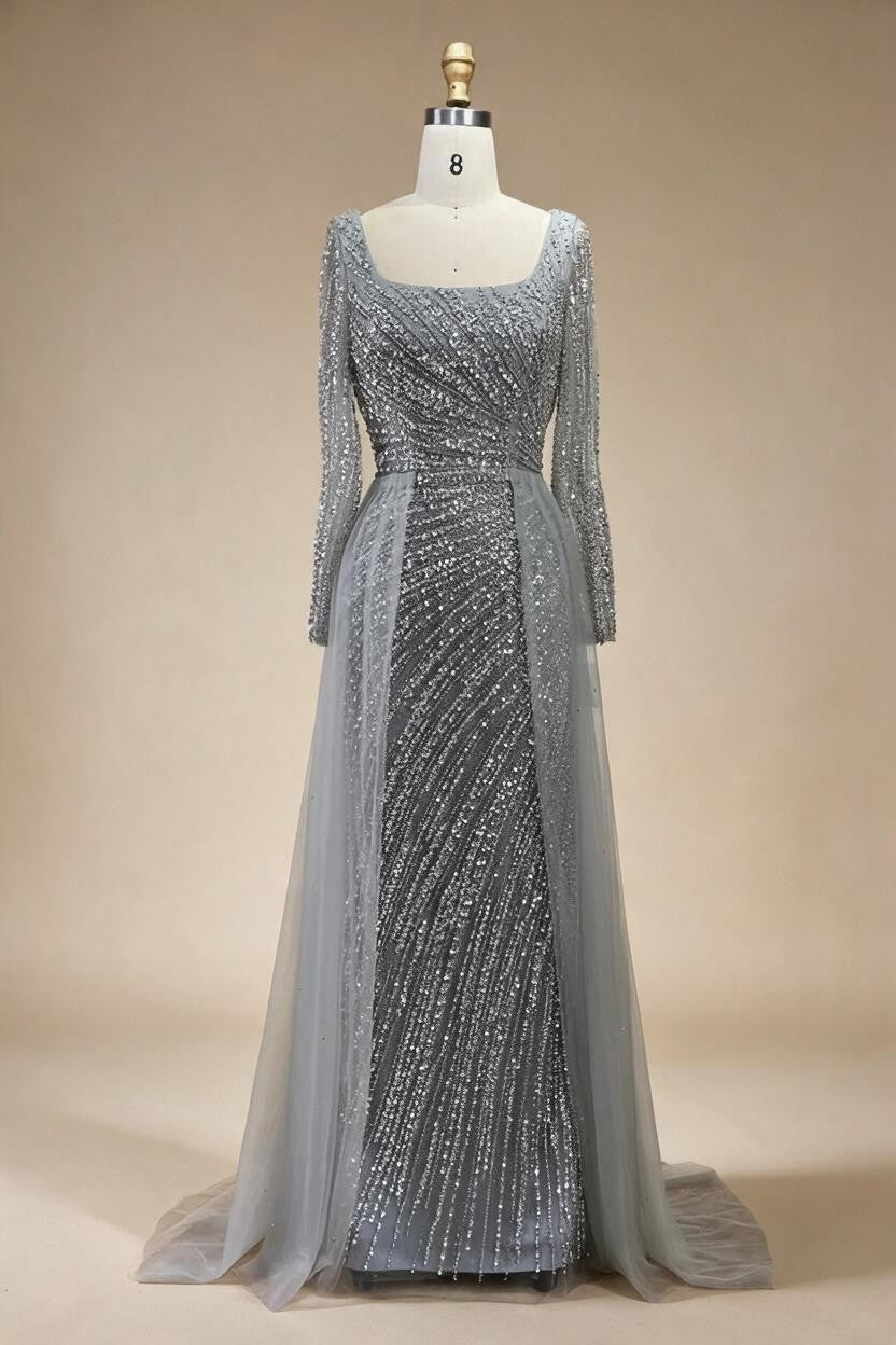 Silver Beaded Mermaid Evening Dress with Detachable Skirt Formal Party Gown For Women DLA71618L Customized | Nightbubo