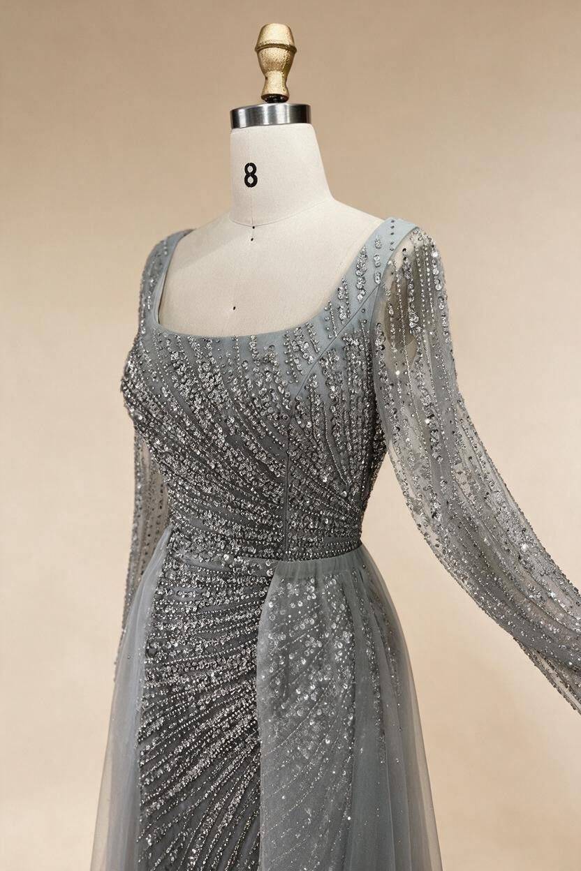 Silver Beaded Mermaid Evening Dress with Detachable Skirt Formal Party Gown For Women DLA71618L Customized | Nightbubo