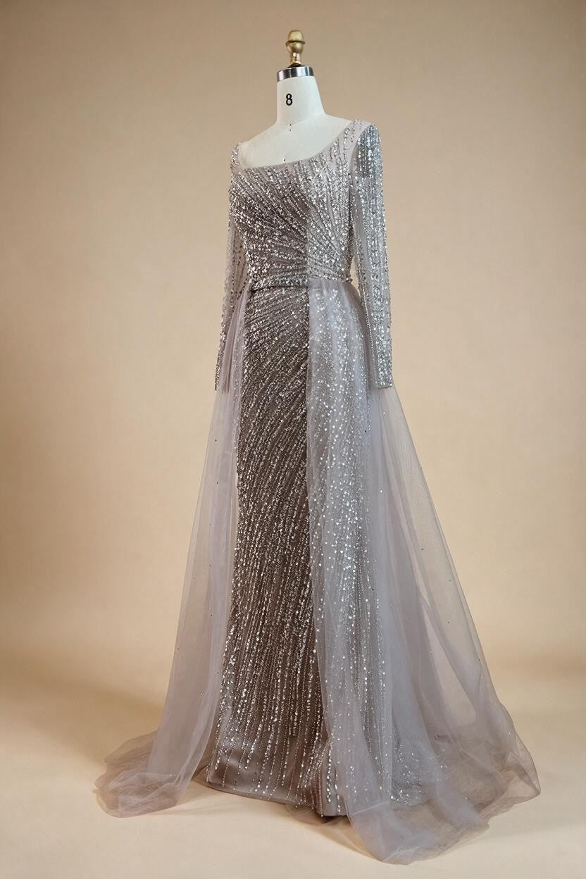 Silver Beaded Mermaid Evening Dress with Detachable Skirt Formal Party Gown For Women DLA71618L Customized | Nightbubo