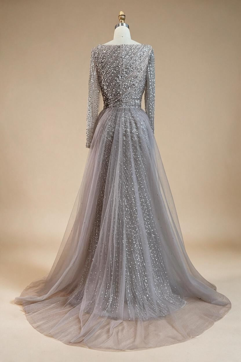 Silver Beaded Mermaid Evening Dress with Detachable Skirt Formal Party Gown For Women DLA71618L Customized | Nightbubo