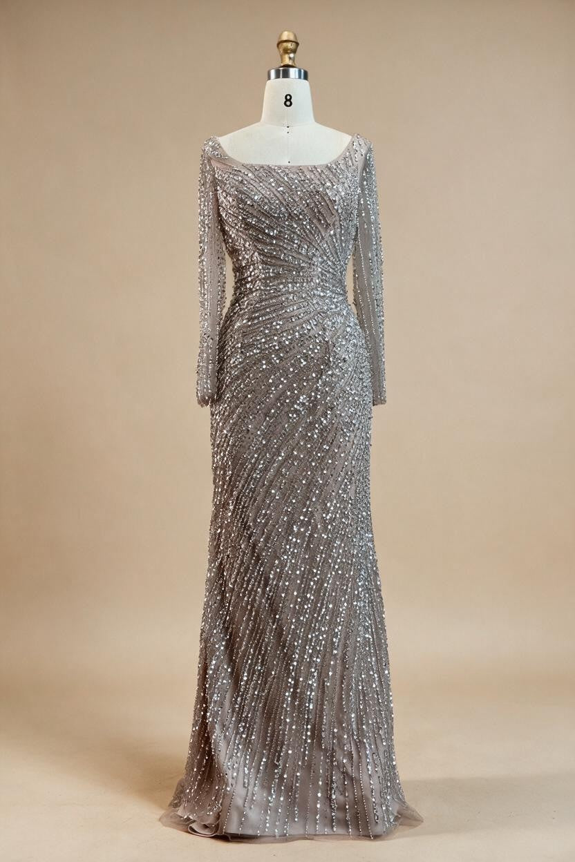 Silver Beaded Mermaid Evening Dress with Detachable Skirt Formal Party Gown For Women DLA71618L Customized | Nightbubo