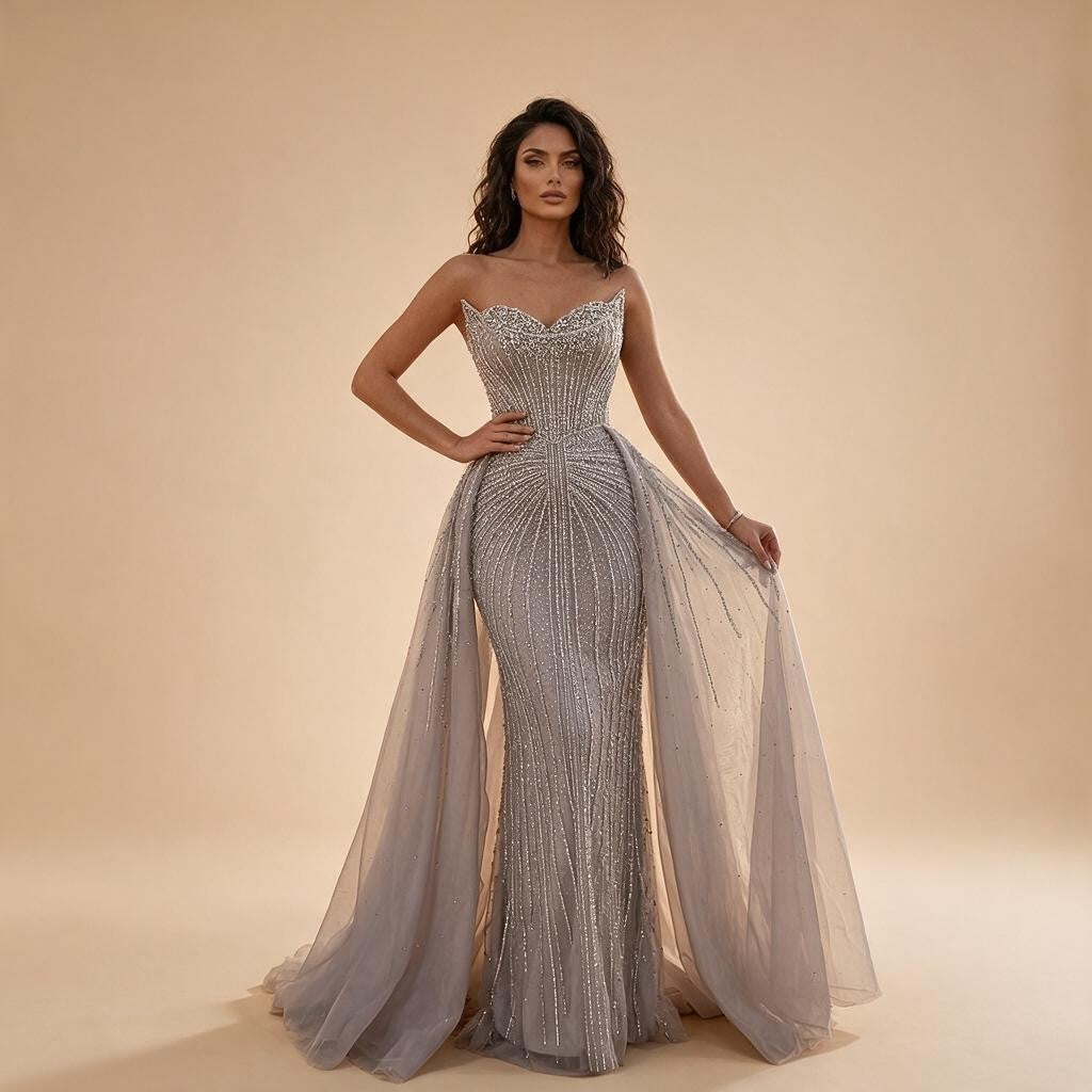 Caramel Beaded Tulle Evening Dress Strapless Sweetheart Formal Party Gown with Over-skirt DLA72811D Customized | Nightbubo