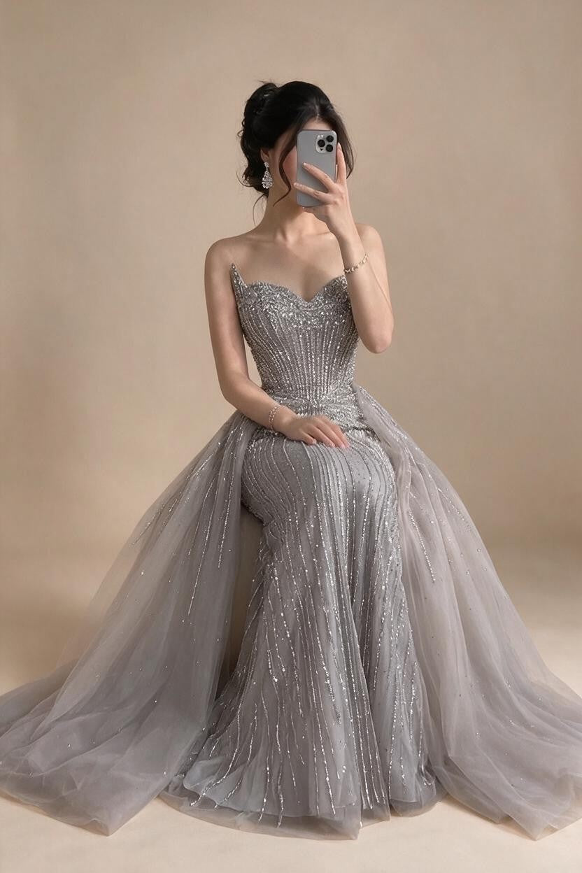 Caramel Beaded Tulle Evening Dress Strapless Sweetheart Formal Party Gown with Over-skirt DLA72811D Customized | Nightbubo