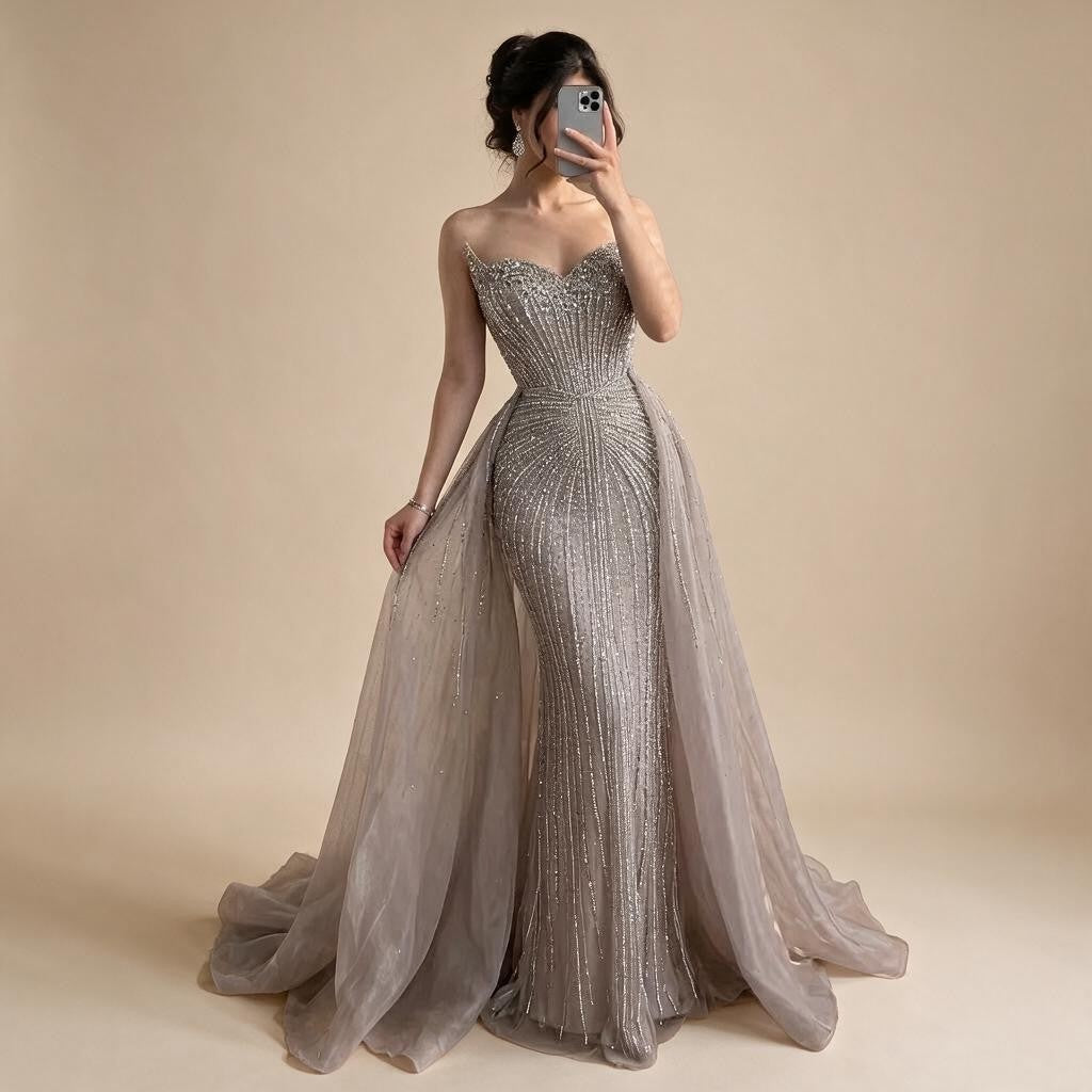 Caramel Beaded Tulle Evening Dress Strapless Sweetheart Formal Party Gown with Over-skirt DLA72811D Customized | Nightbubo