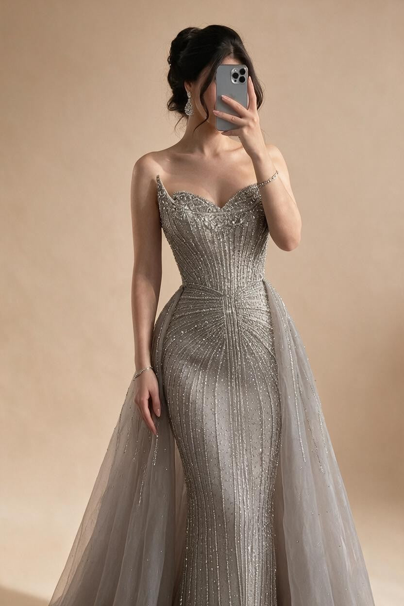 Caramel Beaded Tulle Evening Dress Strapless Sweetheart Formal Party Gown with Over-skirt DLA72811D Customized | Nightbubo